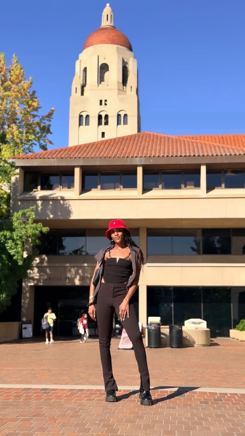 Adebia Ntoso in front of Hoover Tower at Stanford